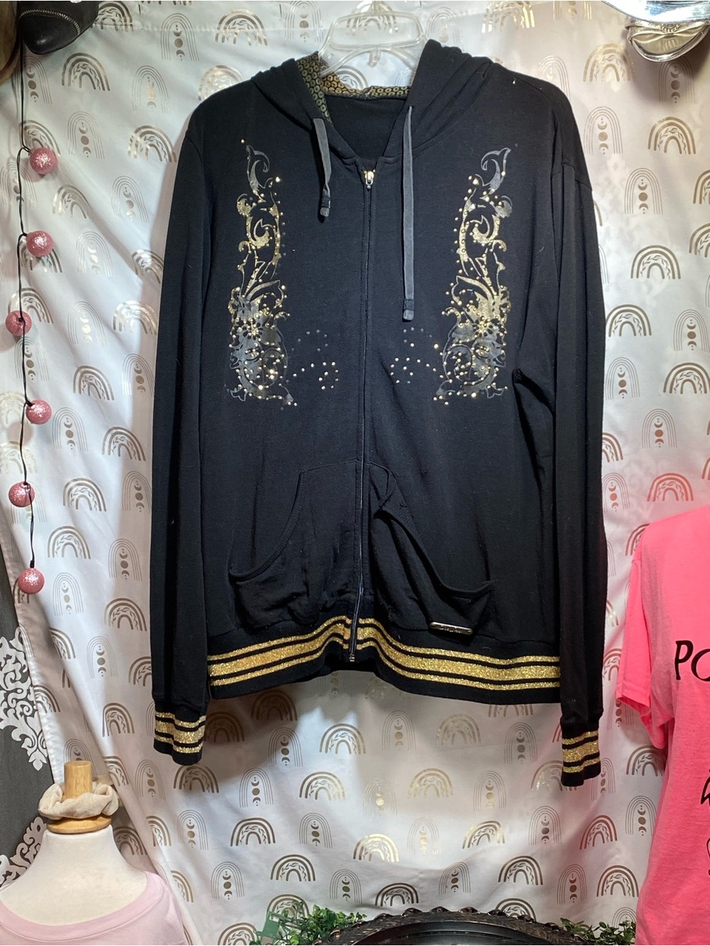 Black Zip-Up Hoodie with Gold Trim and Embellished Design